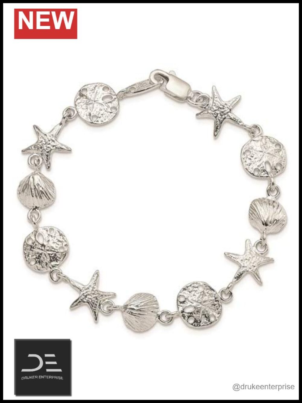 Solid Sterling Silver Seashell Starfish Sand Dollar Charm Link Bracelet 7"